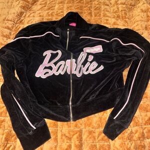 Barbie Black Velour Zip-Up Jacket with Pink Trim and Logo